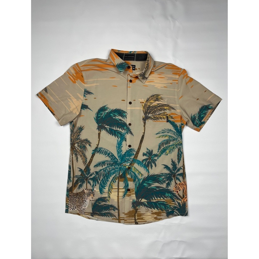 Baja Llama Button Down Shirt Mens L Tan Tropical Leopard Tiger Palm Tree Print